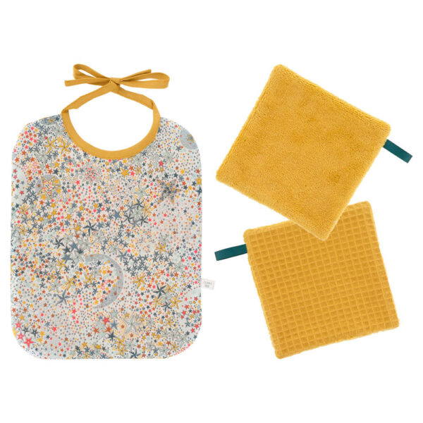 COM - Kit couture Naissance ,  kit Premier repas Liberty Moutarde