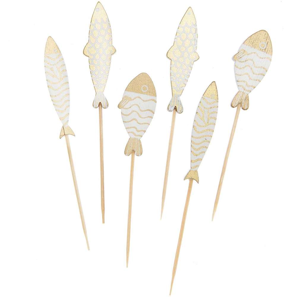7040.32.92_1_ml Rico design - Pics déco poissons, doré, blanc, bois, 6 pc – Image 1